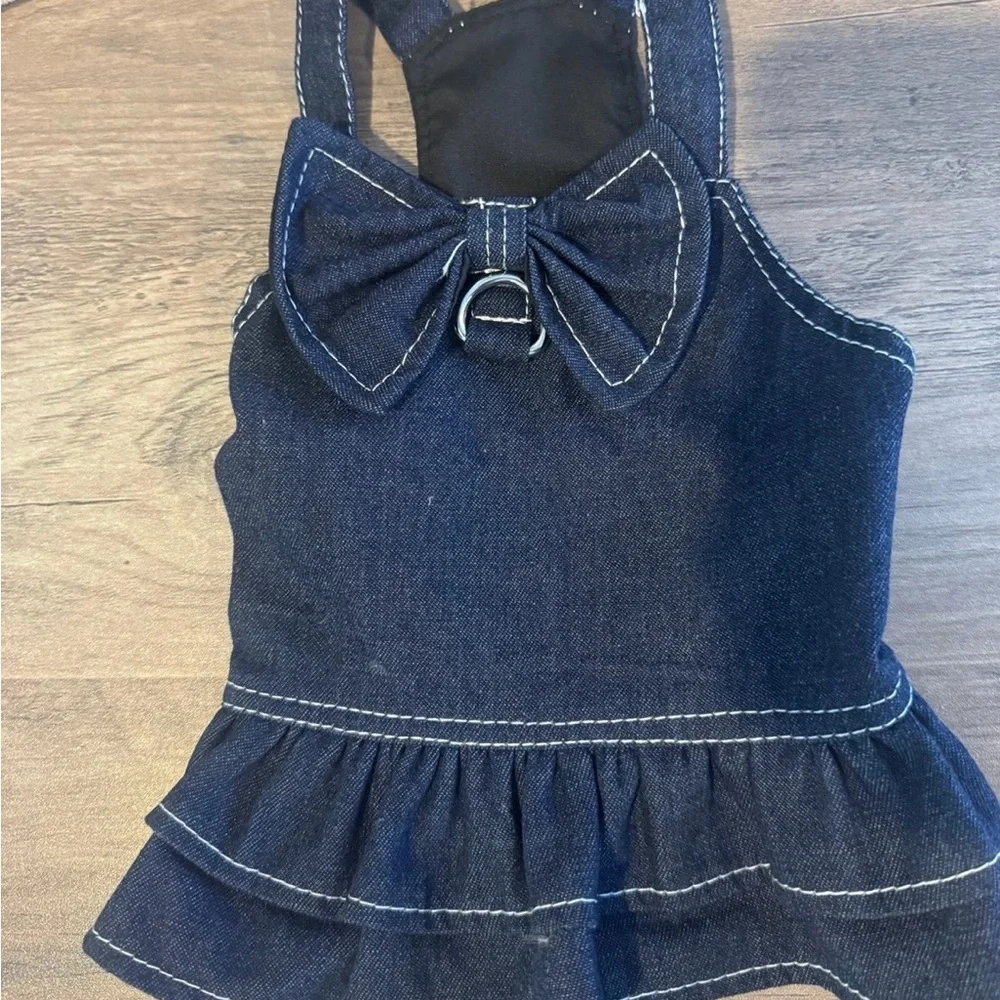 Denim Bow Tiered Ruffle Dress - Navy Blue